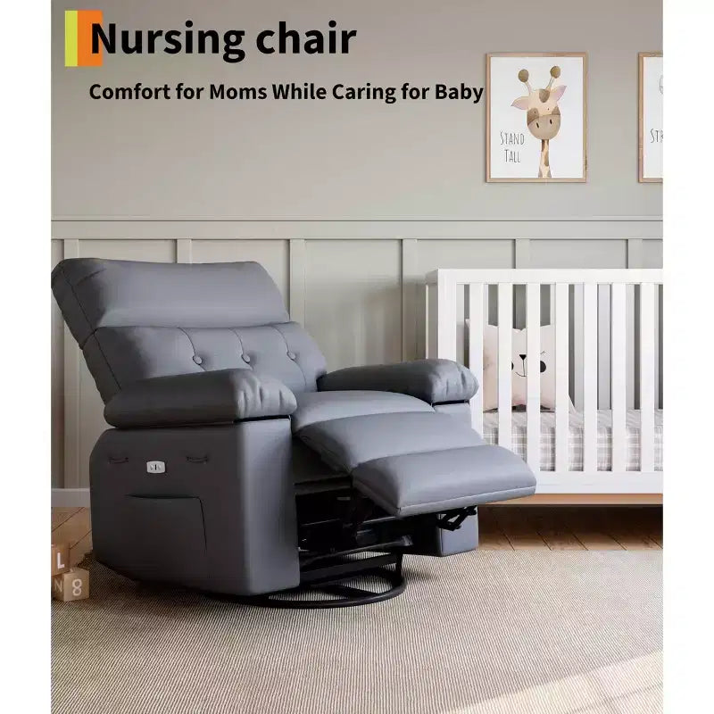 Oversized Faux Leather Power Rocker Swivel Recliner Chair - Heat and Massage, Upholstered Padded Electric Reclining Single Sofa for Adults