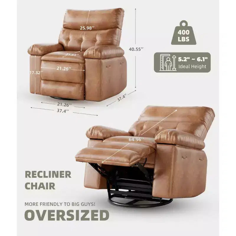 Oversized Faux Leather Power Rocker Swivel Recliner Chair - Heat and Massage, Upholstered Padded Electric Reclining Single Sofa for Adults