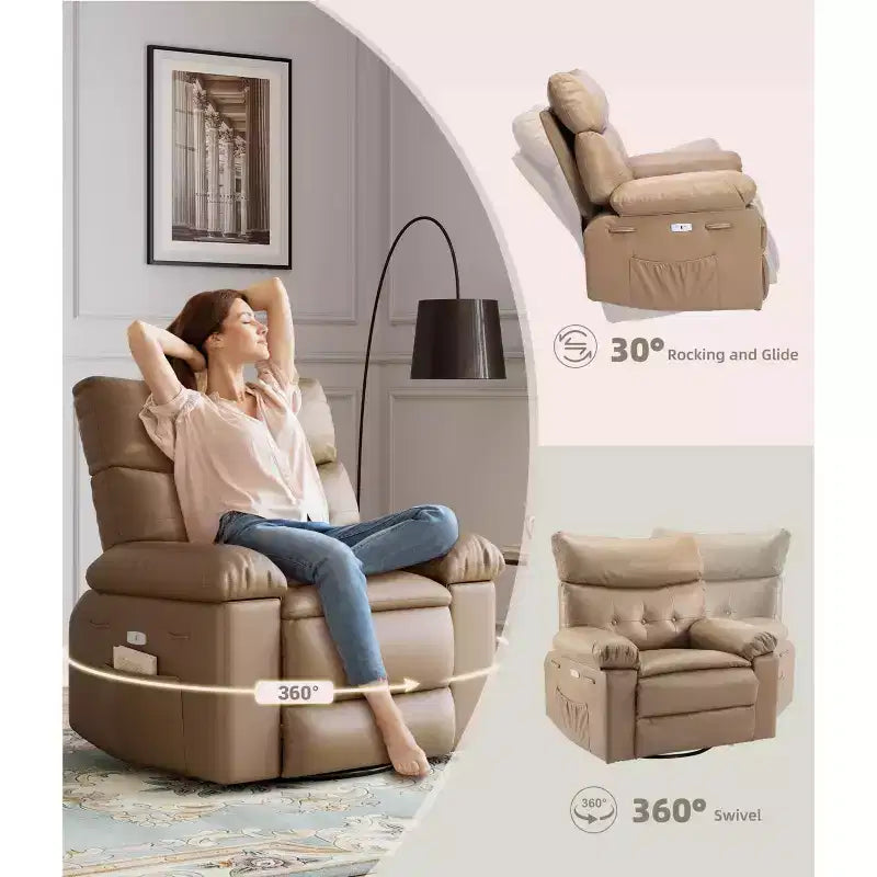 Oversized Faux Leather Power Rocker Swivel Recliner Chair - Heat and Massage, Upholstered Padded Electric Reclining Single Sofa for Adults