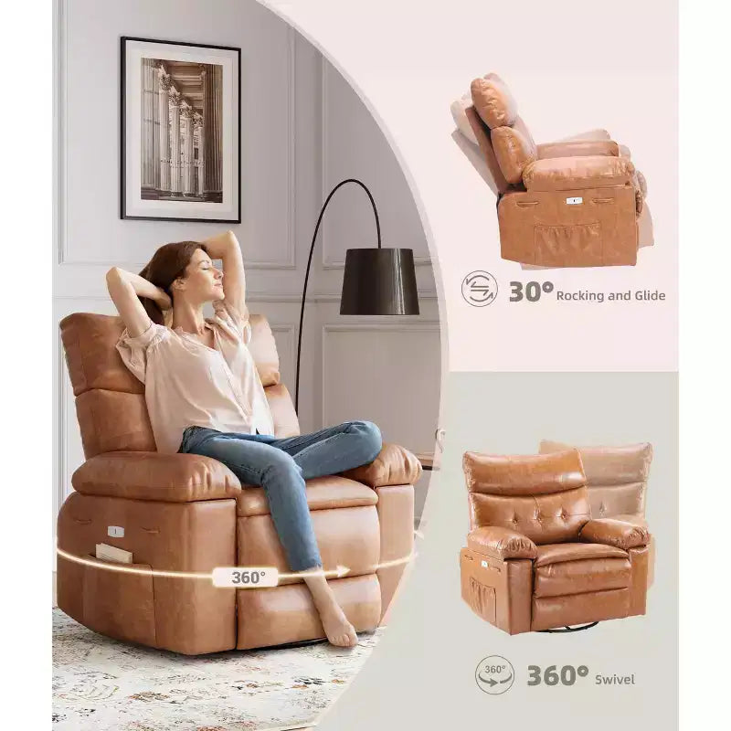 Oversized Faux Leather Power Rocker Swivel Recliner Chair - Heat and Massage, Upholstered Padded Electric Reclining Single Sofa for Adults