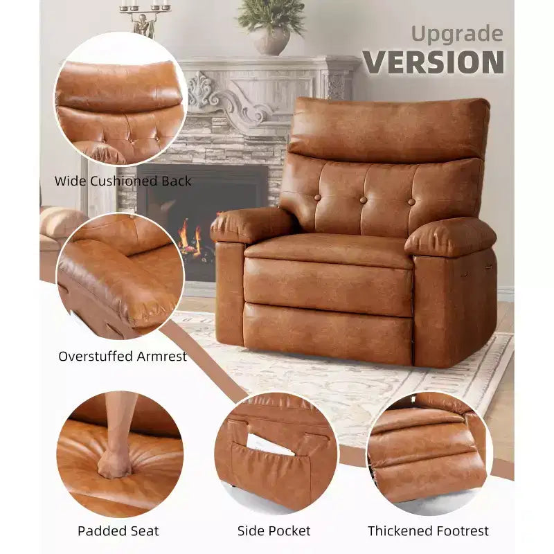 Oversized Faux Leather Power Rocker Swivel Recliner Chair - Heat and Massage, Upholstered Padded Electric Reclining Single Sofa for Adults