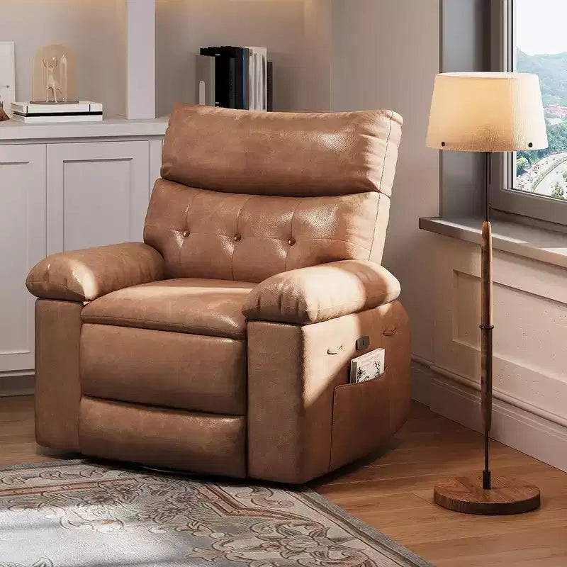 Oversized Faux Leather Power Rocker Swivel Recliner Chair - Heat and Massage, Upholstered Padded Electric Reclining Single Sofa for Adults