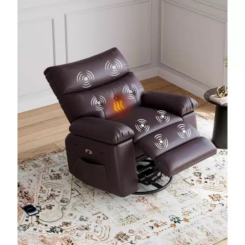 Oversized Faux Leather Power Rocker Swivel Recliner Chair - Heat and Massage, Upholstered Padded Electric Reclining Single Sofa for Adults