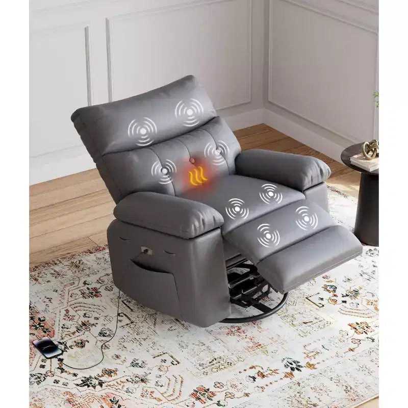 Oversized Faux Leather Power Rocker Swivel Recliner Chair - Heat and Massage, Upholstered Padded Electric Reclining Single Sofa for Adults