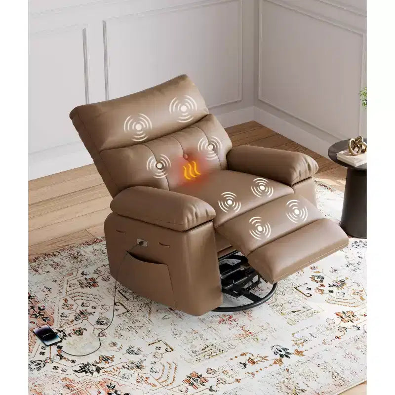 Oversized Faux Leather Power Rocker Swivel Recliner Chair - Heat and Massage, Upholstered Padded Electric Reclining Single Sofa for Adults