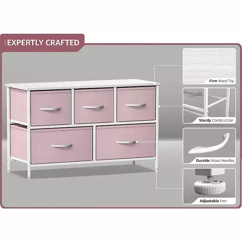 Sorbus 5 Drawers Dresser- Storage Unit with Steel Frame, Wood Top, Fabric Bins - for Bedroom, Closet, Office and more