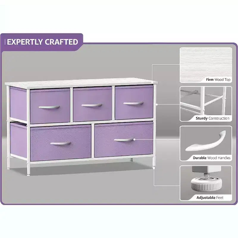 Sorbus 5 Drawers Dresser- Storage Unit with Steel Frame, Wood Top, Fabric Bins - for Bedroom, Closet, Office and more