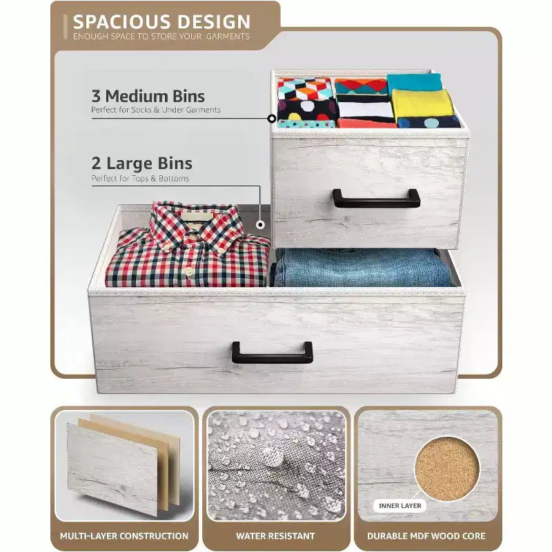 Sorbus 5 Drawers Dresser- Storage Unit with Steel Frame, Wood Top, Fabric Bins - for Bedroom, Closet, Office and more