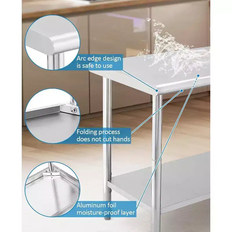 Stainless Steel Table 36x24, Heavy Duty Metal Commercial Prep Table with Storage Racks, Back Panel, Casters and Hooks for Kitchen, Home Food Prep