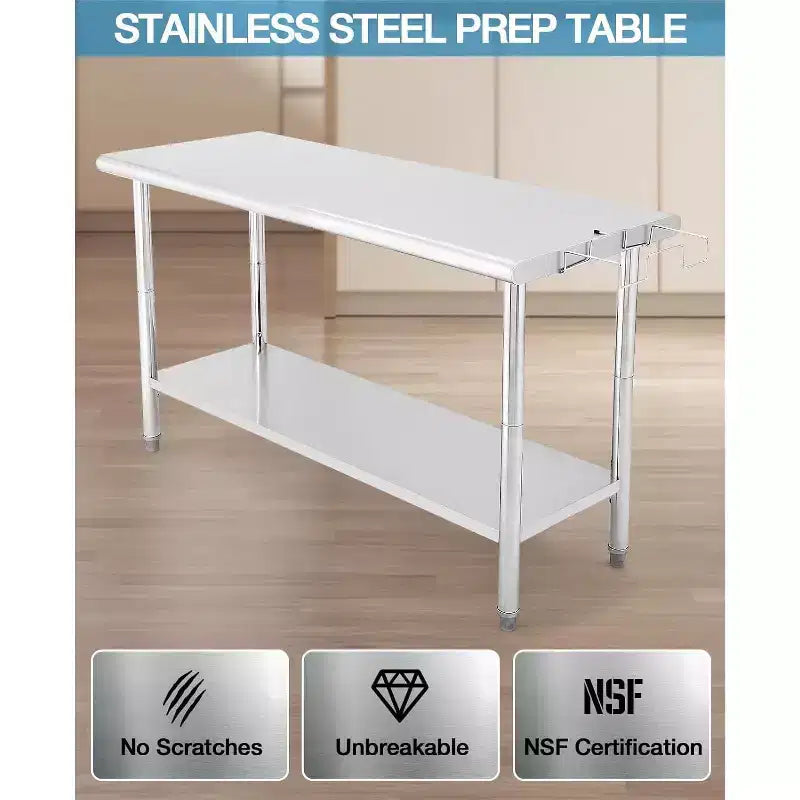 Stainless Steel Table 36x24, Heavy Duty Metal Commercial Prep Table with Storage Racks, Back Panel, Casters and Hooks for Kitchen, Home Food Prep
