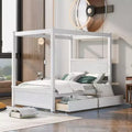 Full Size Canopy Bed Frame with Headboard, Wood Full 4 Poster Platform Bed with 2 Storage Drawers, White