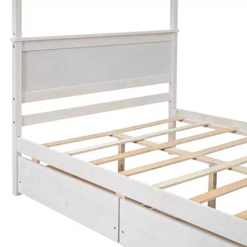 Full Size Canopy Bed Frame with Headboard, Wood Full 4 Poster Platform Bed with 2 Storage Drawers, White