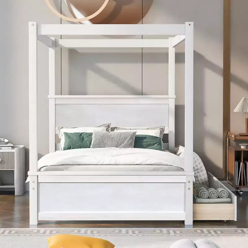 Full Size Canopy Bed Frame with Headboard, Wood Full 4 Poster Platform Bed with 2 Storage Drawers, White