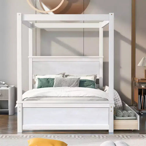 Full Size Canopy Bed Frame with Headboard, Wood Full 4 Poster Platform Bed with 2 Storage Drawers, White