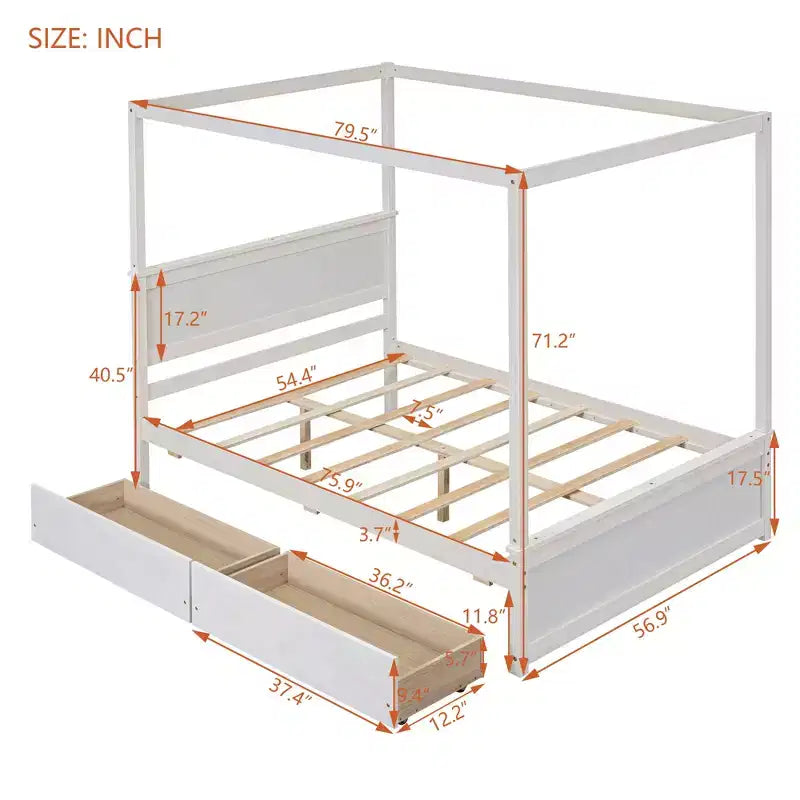 Full Size Canopy Bed Frame with Headboard, Wood Full 4 Poster Platform Bed with 2 Storage Drawers, White