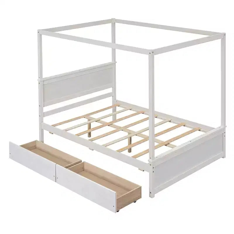 Full Size Canopy Bed Frame with Headboard, Wood Full 4 Poster Platform Bed with 2 Storage Drawers, White
