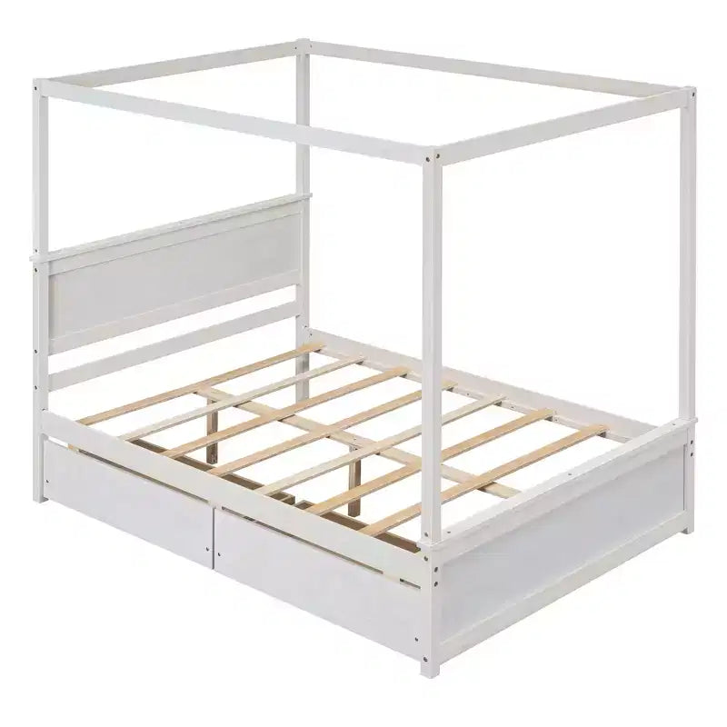 Full Size Canopy Bed Frame with Headboard, Wood Full 4 Poster Platform Bed with 2 Storage Drawers, White