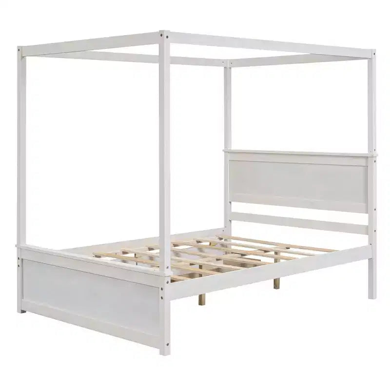 Full Size Canopy Bed Frame with Headboard, Wood Full 4 Poster Platform Bed with 2 Storage Drawers, White