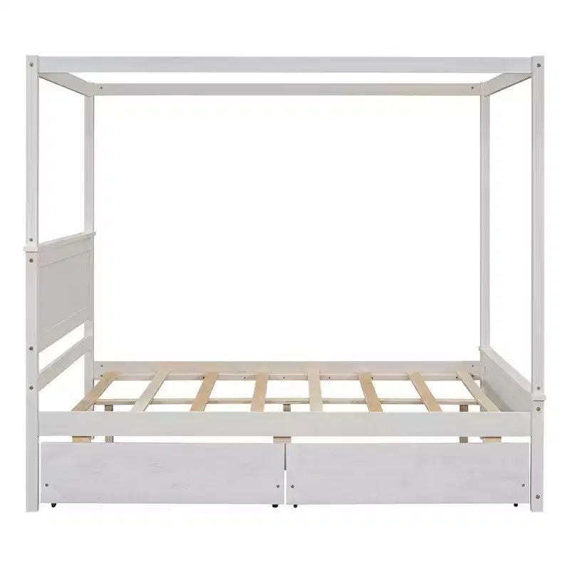 Full Size Canopy Bed Frame with Headboard, Wood Full 4 Poster Platform Bed with 2 Storage Drawers, White