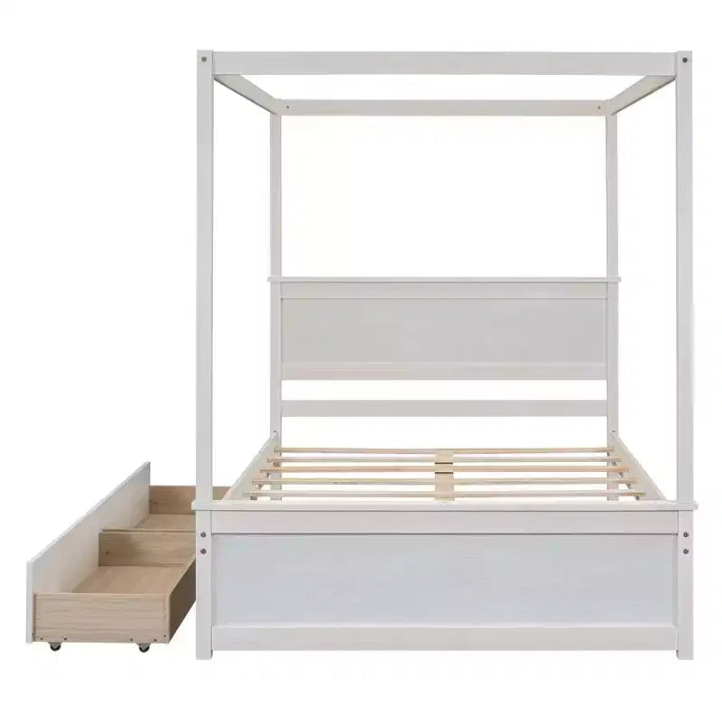 Full Size Canopy Bed Frame with Headboard, Wood Full 4 Poster Platform Bed with 2 Storage Drawers, White