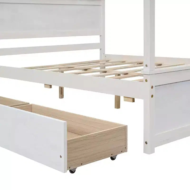 Full Size Canopy Bed Frame with Headboard, Wood Full 4 Poster Platform Bed with 2 Storage Drawers, White