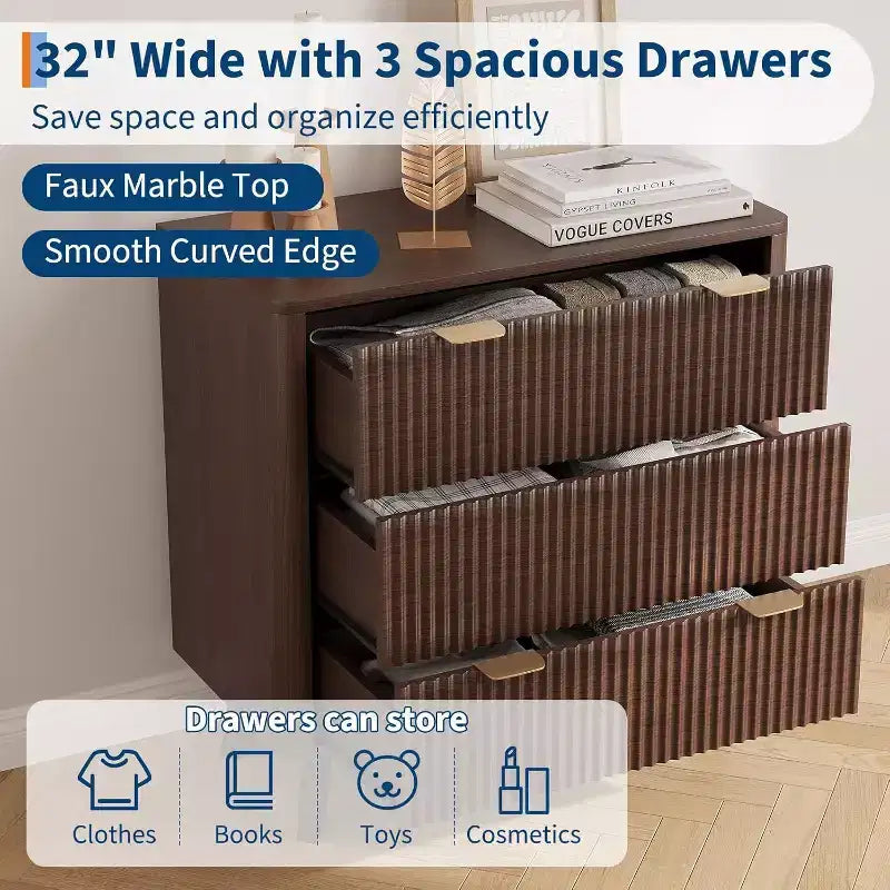 Modern 32 Wide Fluted Nightstand, 3 Drawer Bedside Table with Gold Handles, Curved Wood End Table, Large Storage Chest for Bedroom, Living Room