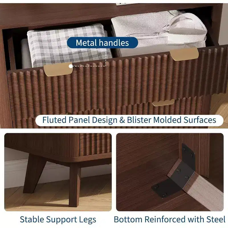 Modern 32 Wide Fluted Nightstand, 3 Drawer Bedside Table with Gold Handles, Curved Wood End Table, Large Storage Chest for Bedroom, Living Room