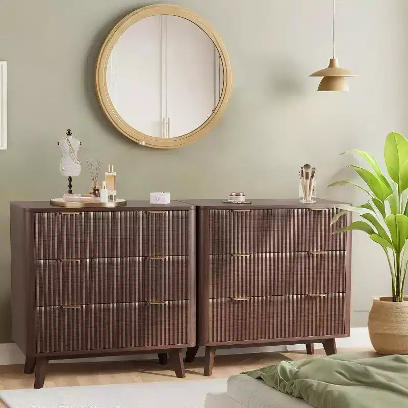 Modern 32 Wide Fluted Nightstand, 3 Drawer Bedside Table with Gold Handles, Curved Wood End Table, Large Storage Chest for Bedroom, Living Room