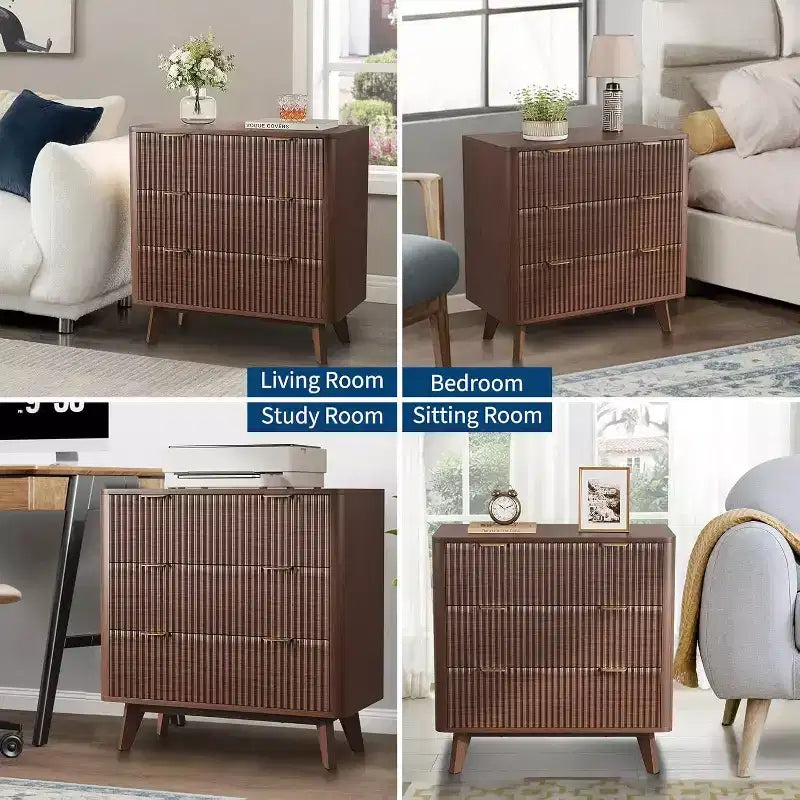 Modern 32 Wide Fluted Nightstand, 3 Drawer Bedside Table with Gold Handles, Curved Wood End Table, Large Storage Chest for Bedroom, Living Room