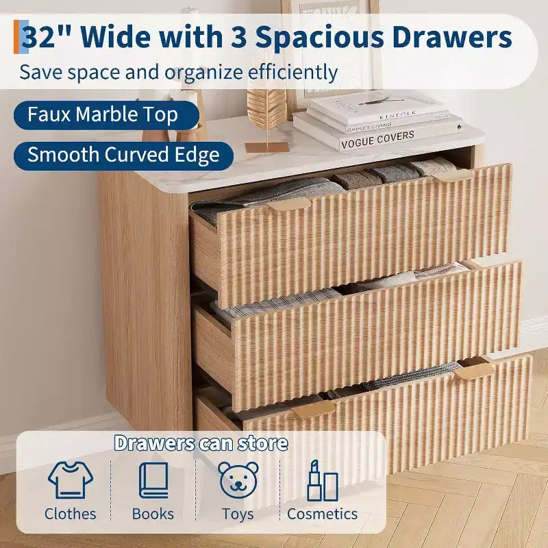 Modern 32 Wide Fluted Nightstand, 3 Drawer Bedside Table with Gold Handles, Curved Wood End Table, Large Storage Chest for Bedroom, Living Room