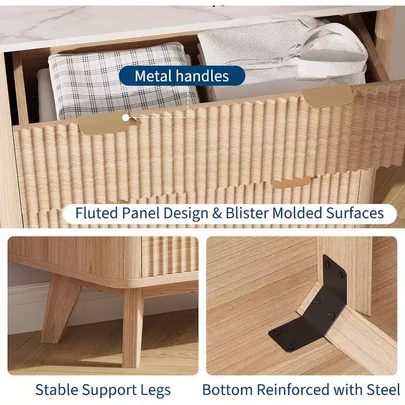 Modern 32 Wide Fluted Nightstand, 3 Drawer Bedside Table with Gold Handles, Curved Wood End Table, Large Storage Chest for Bedroom, Living Room