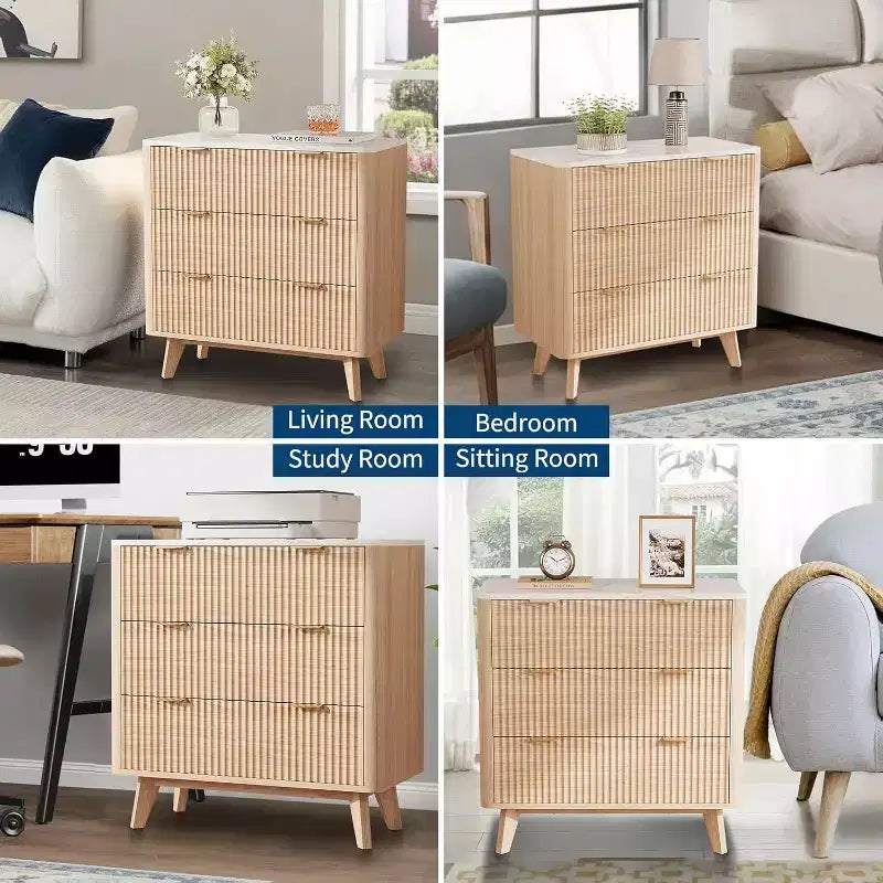Modern 32 Wide Fluted Nightstand, 3 Drawer Bedside Table with Gold Handles, Curved Wood End Table, Large Storage Chest for Bedroom, Living Room