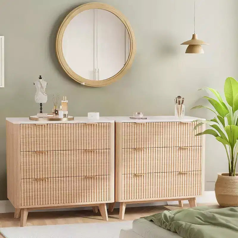 Modern 32 Wide Fluted Nightstand, 3 Drawer Bedside Table with Gold Handles, Curved Wood End Table, Large Storage Chest for Bedroom, Living Room