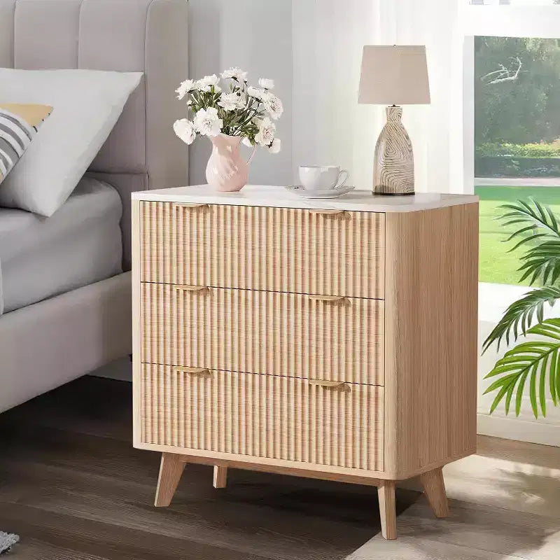 Modern 32 Wide Fluted Nightstand, 3 Drawer Bedside Table with Gold Handles, Curved Wood End Table, Large Storage Chest for Bedroom, Living Room
