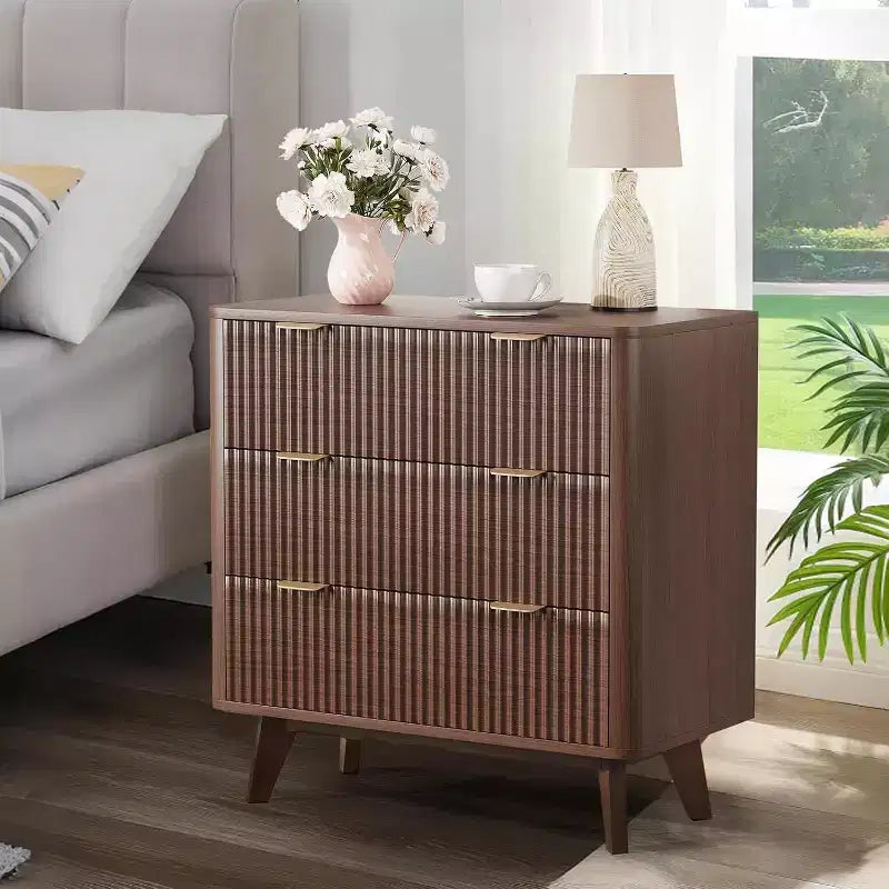 Modern 32 Wide Fluted Nightstand, 3 Drawer Bedside Table with Gold Handles, Curved Wood End Table, Large Storage Chest for Bedroom, Living Room