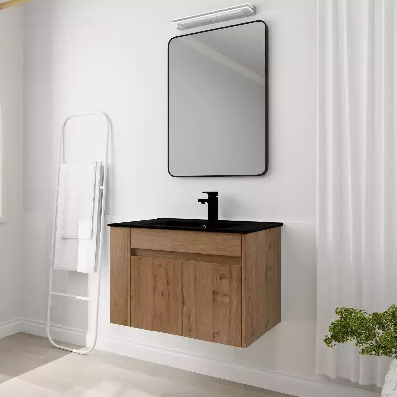Modern 30 Inch Bathroom Vanity with Sink and Floating Ceramic Basin Combo - Adjustable Open Shelf Storage Cabinet
