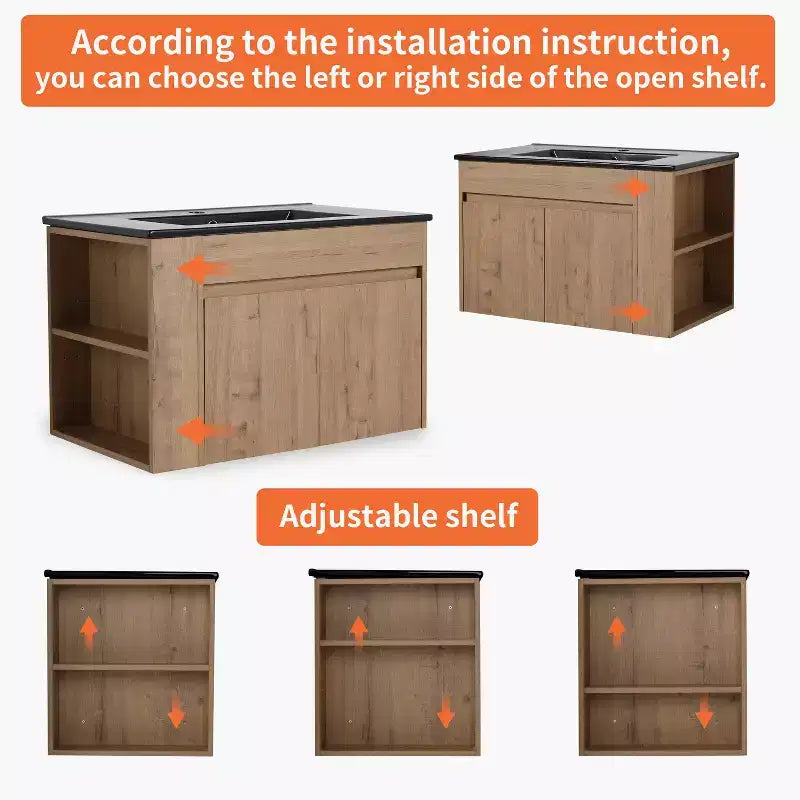 Modern 30 Inch Bathroom Vanity with Sink and Floating Ceramic Basin Combo - Adjustable Open Shelf Storage Cabinet