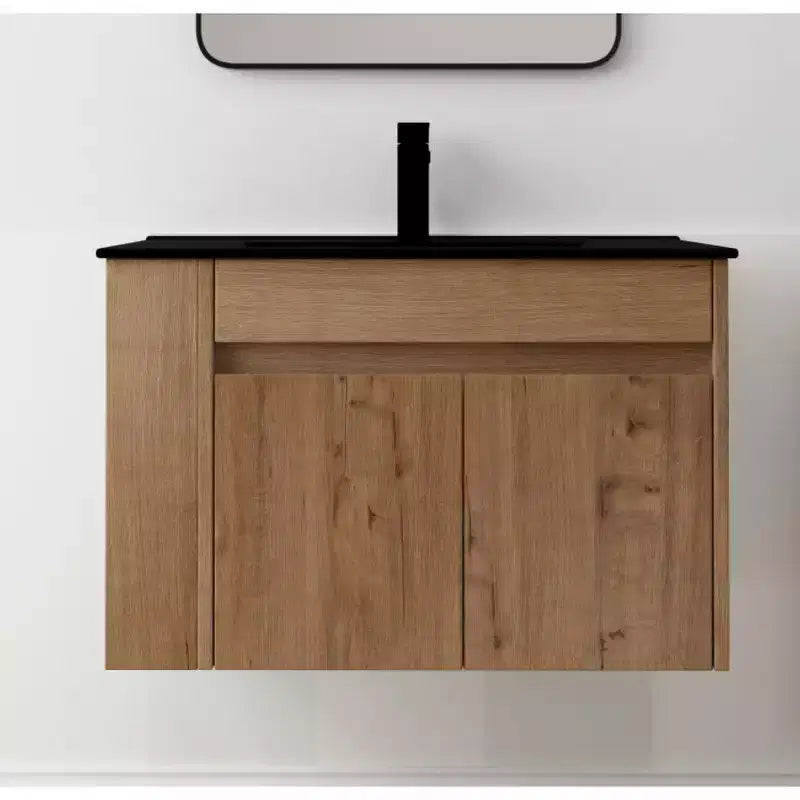Modern 30 Inch Bathroom Vanity with Sink and Floating Ceramic Basin Combo - Adjustable Open Shelf Storage Cabinet