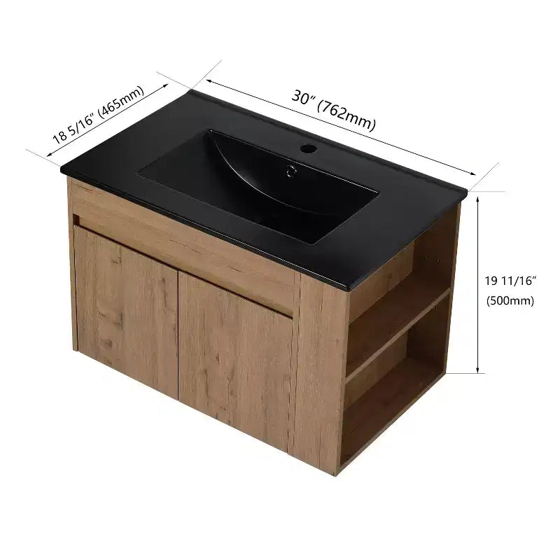Modern 30 Inch Bathroom Vanity with Sink and Floating Ceramic Basin Combo - Adjustable Open Shelf Storage Cabinet