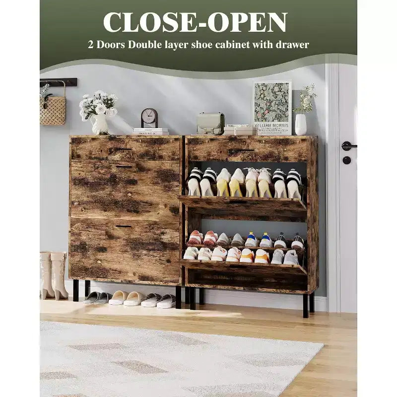 Garvee Narrow Shoe Cabinet Storage for Entryway, Dual Flip Drawers, Freestanding Shoe Organizer Wooden, Shoe Rack Storage Adjustable Shelves