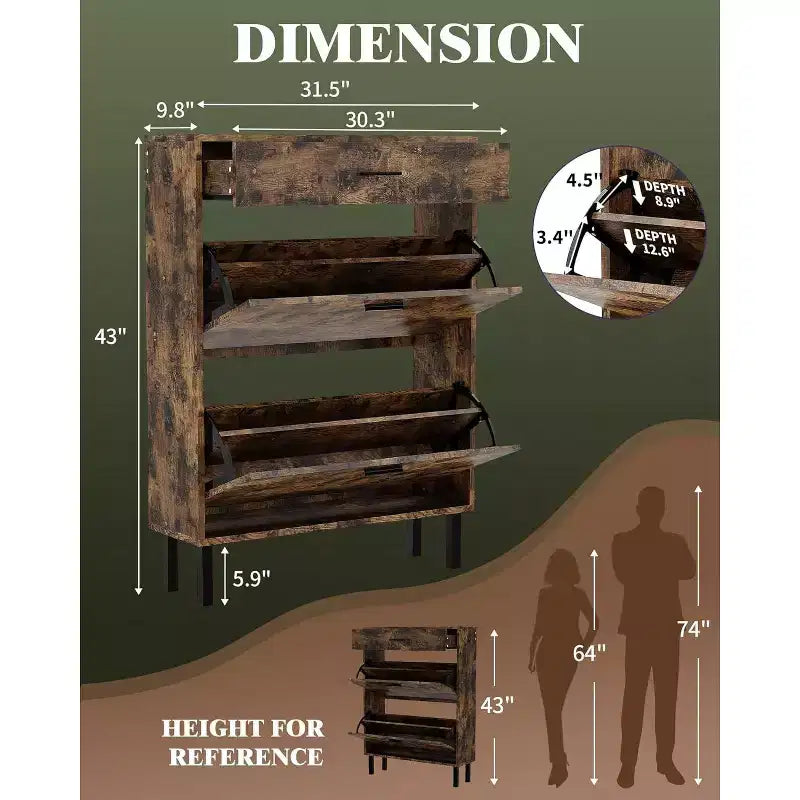 Garvee Narrow Shoe Cabinet Storage for Entryway, Dual Flip Drawers, Freestanding Shoe Organizer Wooden, Shoe Rack Storage Adjustable Shelves