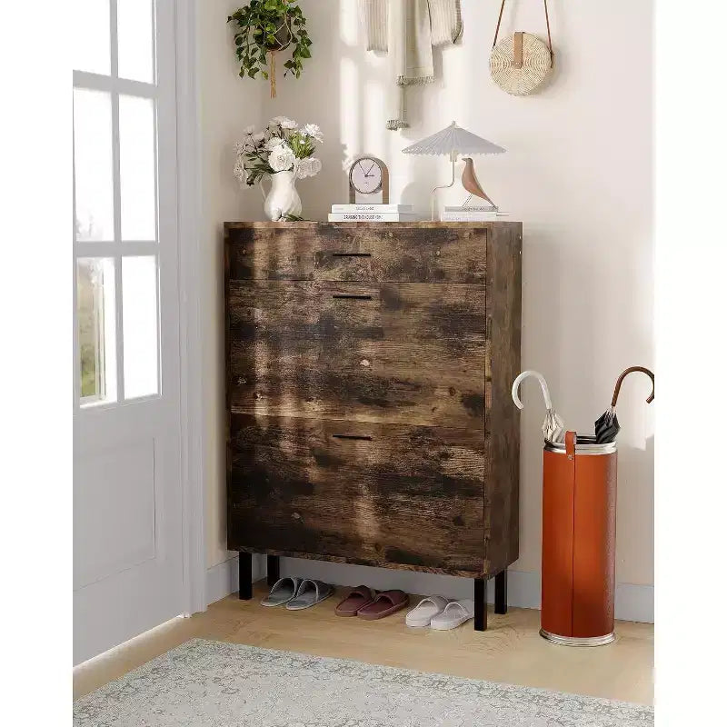 Garvee Narrow Shoe Cabinet Storage for Entryway, Dual Flip Drawers, Freestanding Shoe Organizer Wooden, Shoe Rack Storage Adjustable Shelves