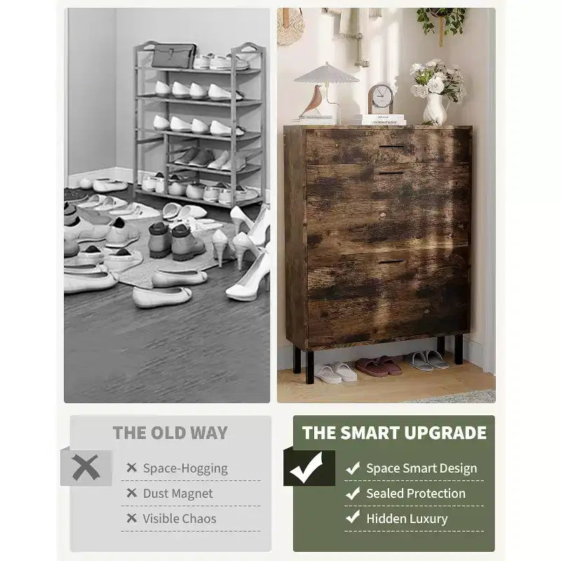 Garvee Narrow Shoe Cabinet Storage for Entryway, Dual Flip Drawers, Freestanding Shoe Organizer Wooden, Shoe Rack Storage Adjustable Shelves