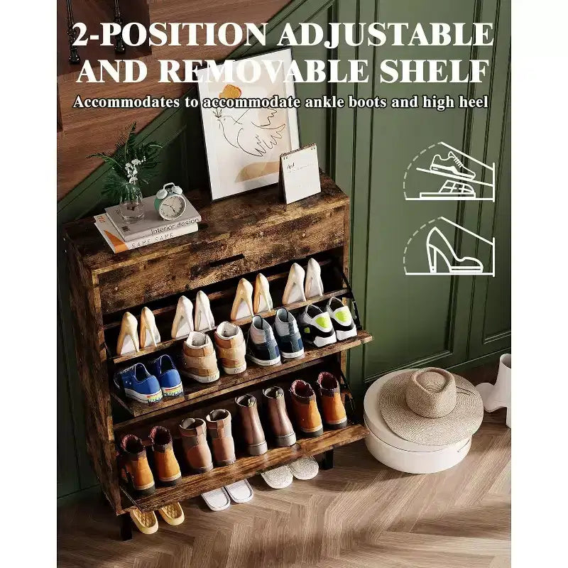 Garvee Narrow Shoe Cabinet Storage for Entryway, Dual Flip Drawers, Freestanding Shoe Organizer Wooden, Shoe Rack Storage Adjustable Shelves