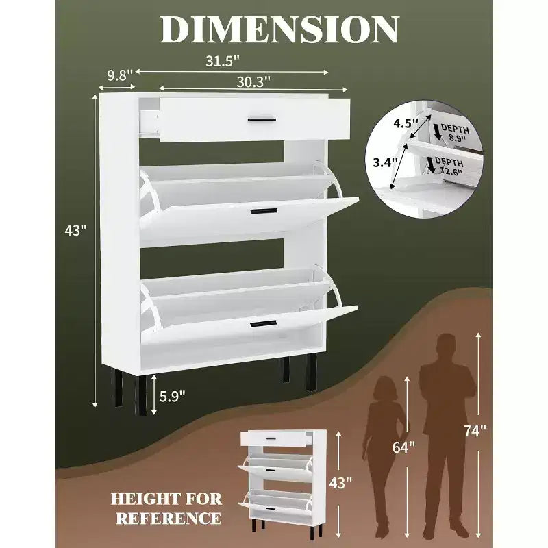Garvee Narrow Shoe Cabinet Storage for Entryway, Dual Flip Drawers, Freestanding Shoe Organizer Wooden, Shoe Rack Storage Adjustable Shelves