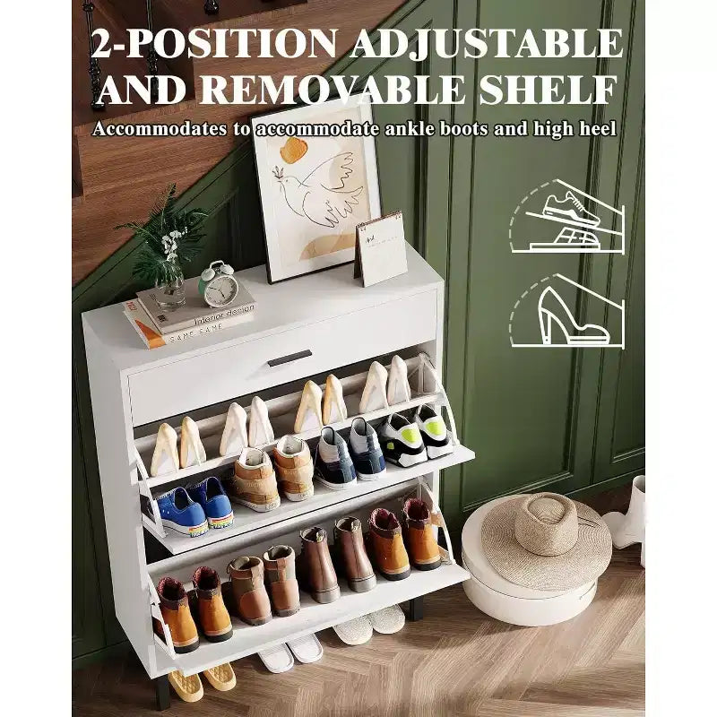 Garvee Narrow Shoe Cabinet Storage for Entryway, Dual Flip Drawers, Freestanding Shoe Organizer Wooden, Shoe Rack Storage Adjustable Shelves