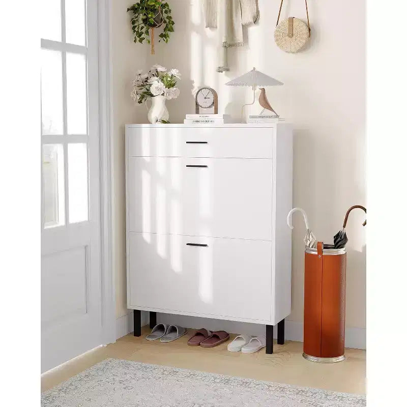 Garvee Narrow Shoe Cabinet Storage for Entryway, Dual Flip Drawers, Freestanding Shoe Organizer Wooden, Shoe Rack Storage Adjustable Shelves