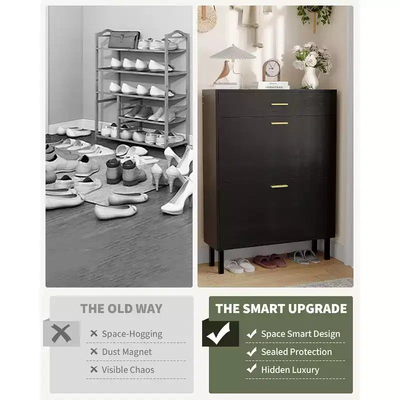 Garvee Narrow Shoe Cabinet Storage for Entryway, Dual Flip Drawers, Freestanding Shoe Organizer Wooden, Shoe Rack Storage Adjustable Shelves