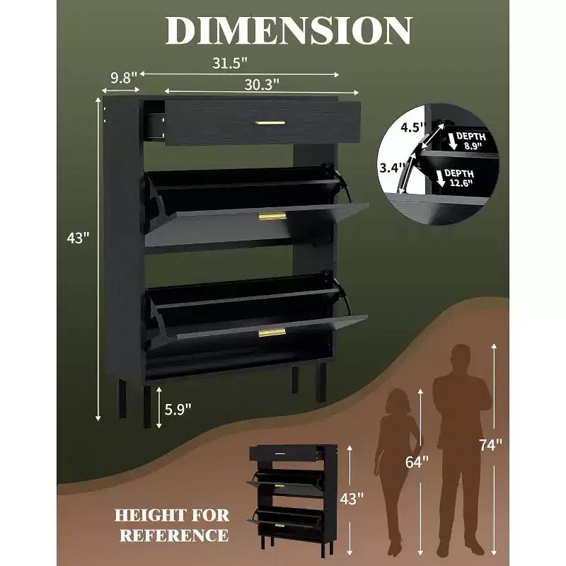 Garvee Narrow Shoe Cabinet Storage for Entryway, Dual Flip Drawers, Freestanding Shoe Organizer Wooden, Shoe Rack Storage Adjustable Shelves