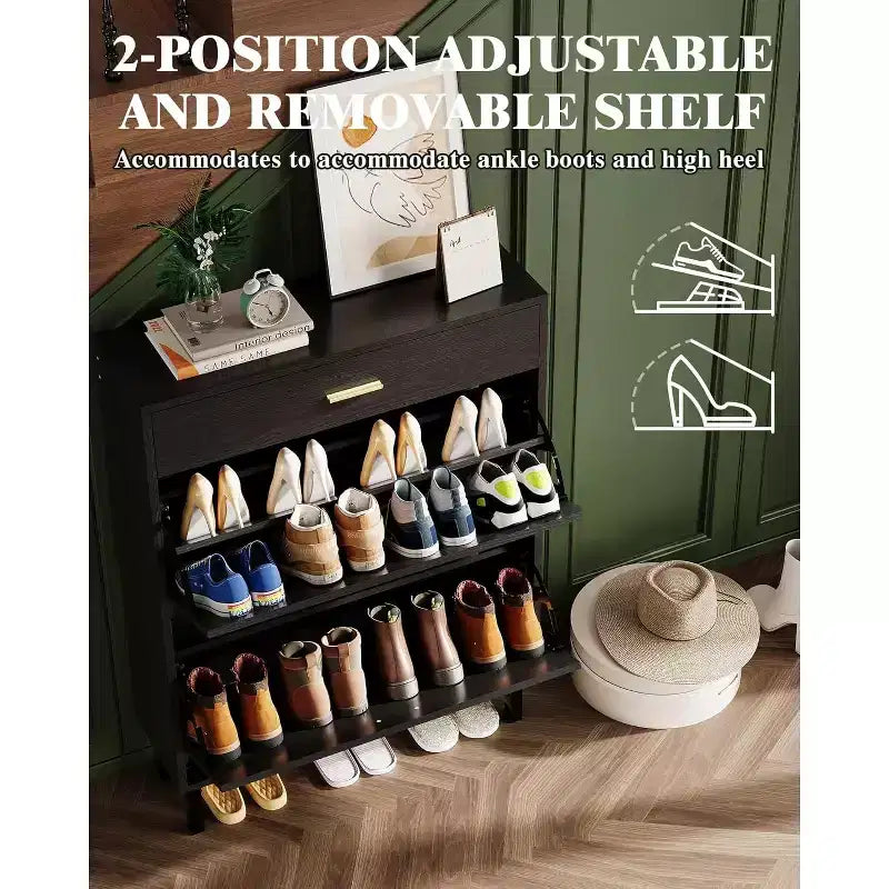Garvee Narrow Shoe Cabinet Storage for Entryway, Dual Flip Drawers, Freestanding Shoe Organizer Wooden, Shoe Rack Storage Adjustable Shelves